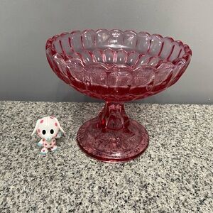 Vtg FENTON Cranberry "Coin Dot" (Thumbprint)Pattern Large Glass Compote Pink